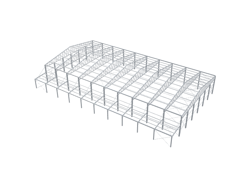 Modelo 3D de una nave industrial metálica con cerchas y porche lateral